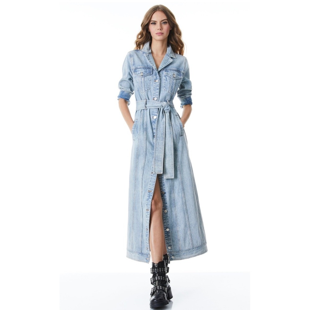 Alice + Olivia Daren Maxi Denim Jacket M Rockstar Blue Utility Western